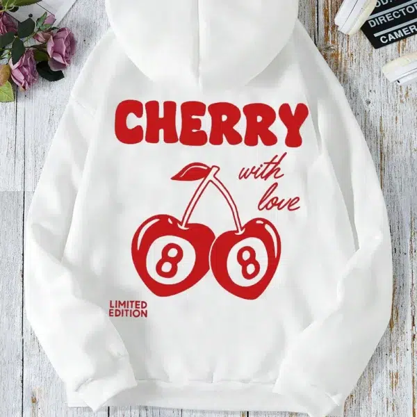 Cherry Print Long-Sleeved Sweater Women Spring Autumn Drawstring Hoodie Casual Vintage Ladies Basic Wear Hooded Tracksuit Tops - Image 2