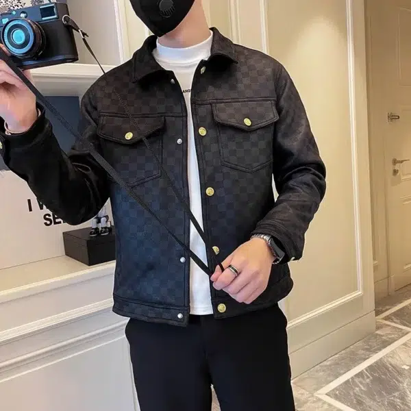 2023 Autumn Winter Suede Plaid Jacket for Men Lapel Slim Fit Casual Business Bomber Jacket Social Streetwear Windbreaker Coat - Image 5