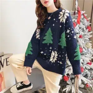 2024 Autumn Winter Christmas Sweater New Korean Thickened Color Blocked Women Hoodie Snowflake Loose Round Neck Lazy Style Tops