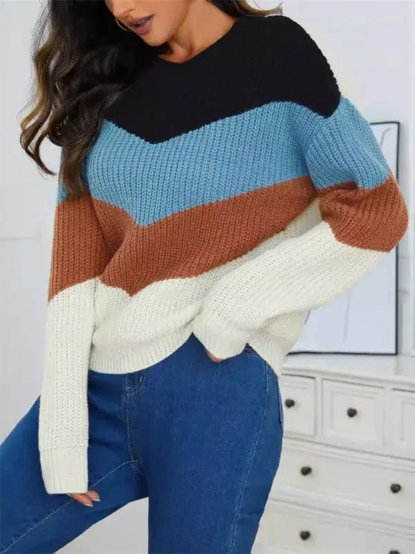 Fashion Women Sweater Winter Autmn Casual O Neckl Splicing Color Long Sleeve Knitwear Streetwear Striped Pullover Tops Jumpers - Image 2