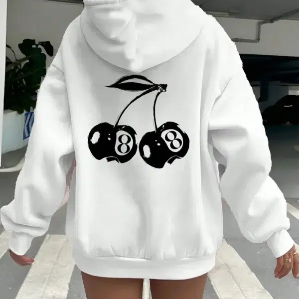 Cherry Print Long-Sleeved Sweater Women Spring Autumn Drawstring Hoodie Casual Vintage Ladies Basic Wear Hooded Tracksuit Tops - Image 6