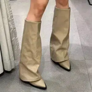 Chunk Leather High Boots Women Knee High Pointer Toe Heels Shoes Woman Trend Chelsea Boots New Pumps Mujer Snow Gladiator Botas