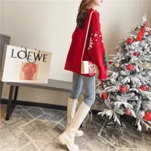 2024 Autumn Winter Christmas Sweater New Korean Thickened Color Blocked Women Hoodie Snowflake Loose Round Neck Lazy Style Tops