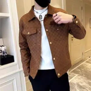 2023 Autumn Winter Suede Plaid Jacket for Men Lapel Slim Fit Casual Business Bomber Jacket Social Streetwear Windbreaker Coat