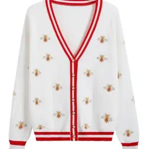 High Quality Fashion Designer Bee Embroidery Cardigan Long Sleeve Single Breasted Contrast Color Button Knitted Sweaters C-068