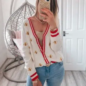 High Quality Fashion Designer Bee Embroidery Cardigan Long Sleeve Single Breasted Contrast Color Button Knitted Sweaters C-068