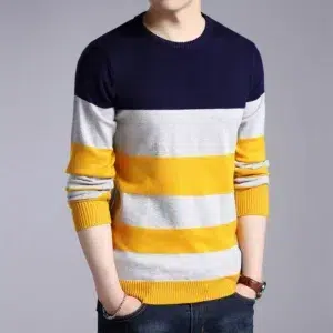 New Men's Casual Striped Long Sleeved Knitted Shirt Fashionable and Comfortable All Season Top