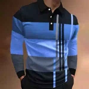 New Men Clothes Spring Autumn Long Sleeve 3D Digital Print Spell Color Polo Shirt Men Slim Fit Lapel Golf Polo Shirt Tops