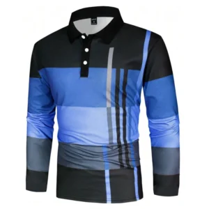 New Men Clothes Spring Autumn Long Sleeve 3D Digital Print Spell Color Polo Shirt Men Slim Fit Lapel Golf Polo Shirt Tops