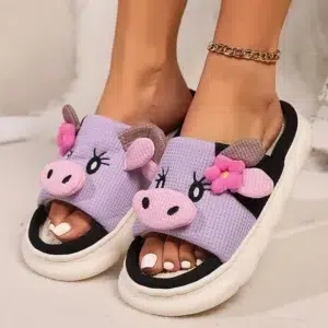 Lovely Milk Cow Indoor House Slippers Women 2024 Autumn New Breathable Linen Sole Platform Slides Non-Slip Flat Heels Home Shoes