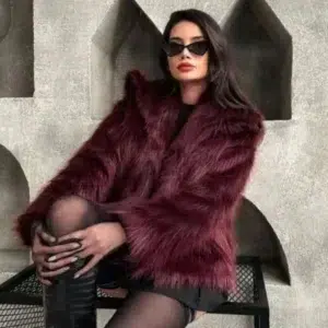 HXAO Women's Fur Coat Women 2024 Plush Burgundy Bomber Jacket Solid Crop Long Sleeve Jacket Warm Winter Coats Woman Casual Coats