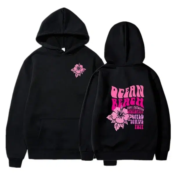 Women Fashion Casual Hoodies Ocean Beach Flower Slogan Front Back Pink Sweatshirts Beach Aesthetic Pullover Hoodie Trip Tops - Image 2