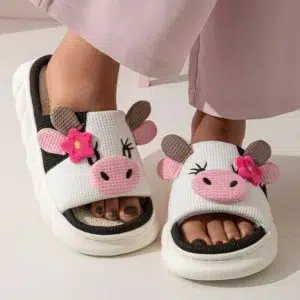 Lovely Milk Cow Indoor House Slippers Women 2024 Autumn New Breathable Linen Sole Platform Slides Non-Slip Flat Heels Home Shoes