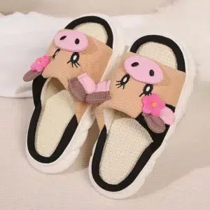 Lovely Milk Cow Indoor House Slippers Women 2024 Autumn New Breathable Linen Sole Platform Slides Non-Slip Flat Heels Home Shoes