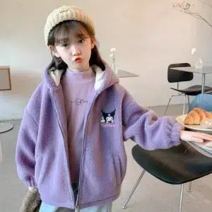 Winter 2024 New Cartoon Sanrio Kuromi Girls' Velvet Jacket Plus Velvet Children'S Polar Fleece Hooded Clothes Girls Winter Cloth