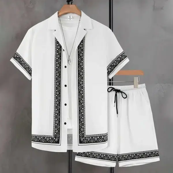 2024 New Men's Summer Holiday Suit Retro Textured Printed Border Shirt Short Sleeve Shorts Two Piece Men's Breathable Pool Suit - Image 3