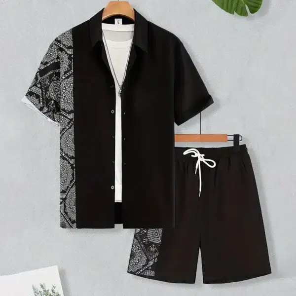 2024 New Men's Summer Holiday Suit Retro Textured Printed Border Shirt Short Sleeve Shorts Two Piece Men's Breathable Pool Suit - Image 4