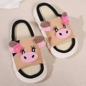 Lovely Milk Cow Indoor House Slippers Women 2024 Autumn New Breathable Linen Sole Platform Slides Non-Slip Flat Heels Home Shoes