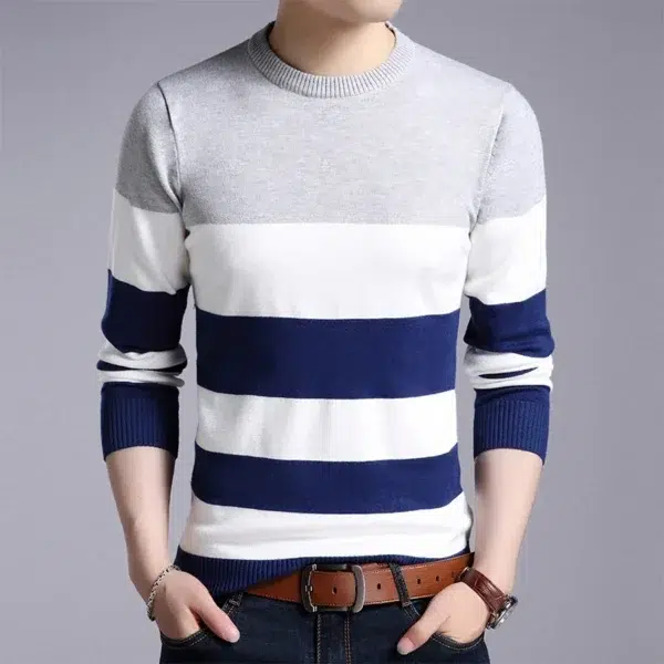 New Men's Casual Striped Long Sleeved Knitted Shirt Fashionable and Comfortable All Season Top - Image 3