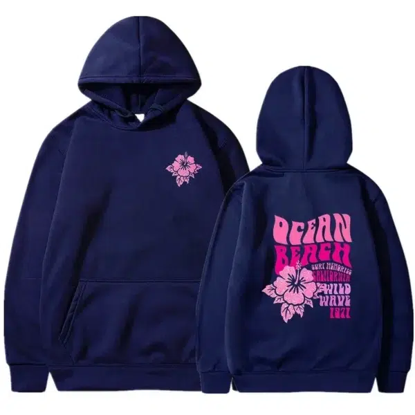 Women Fashion Casual Hoodies Ocean Beach Flower Slogan Front Back Pink Sweatshirts Beach Aesthetic Pullover Hoodie Trip Tops - Image 5