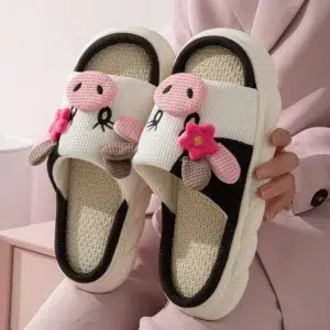 Lovely Milk Cow Indoor House Slippers Women 2024 Autumn New Breathable Linen Sole Platform Slides Non-Slip Flat Heels Home Shoes