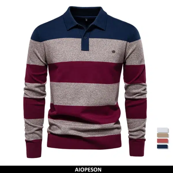 AIOPESON Mens Strip Cotton Button-up Polo Collar Sweater Knit Casual Business Sweaters for Men