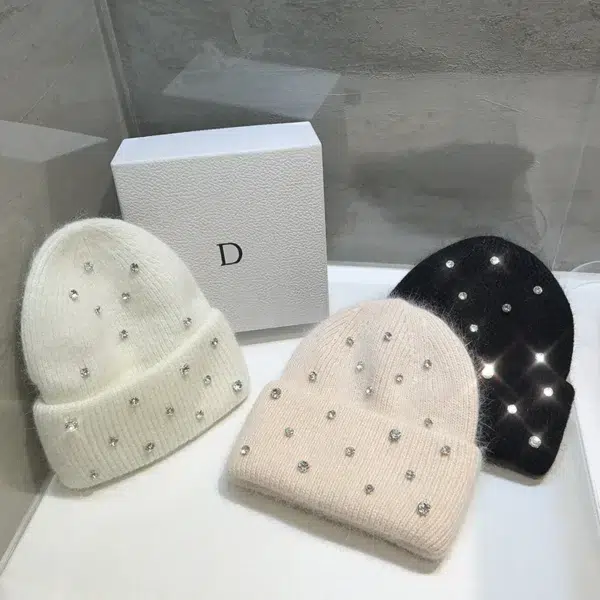 Luxury Rhinestone Beads Knitted Hat Korean Women Rabbit Fur Wool Skullies Cap Winter Fashion Thickened Warm Bonnet Beaanies - Image 3