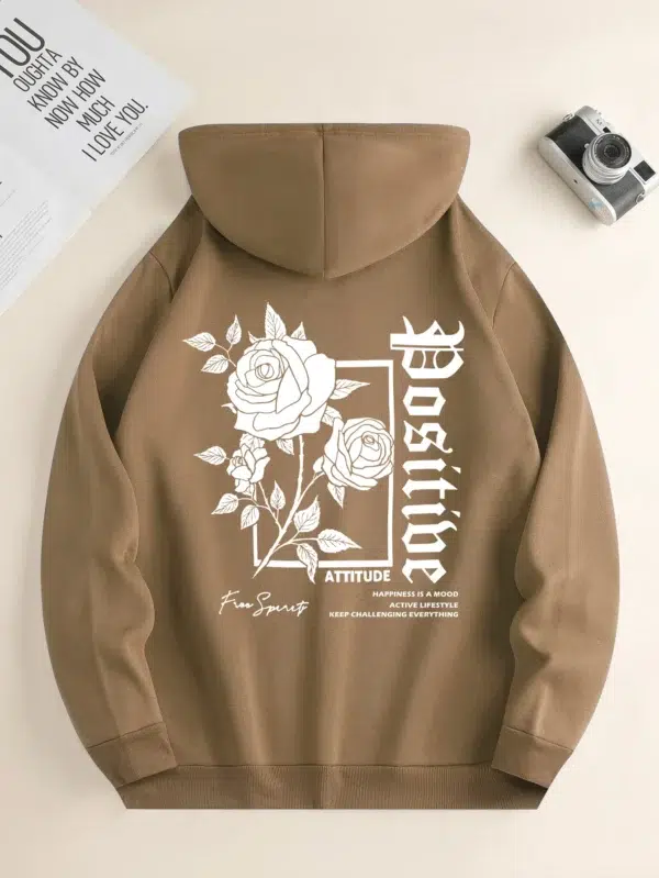 Men's new fashion hoodie, casual daily drawstring hooded sweatshirt, Rose Print, front kangaroo pocket, men's jacket - Image 4