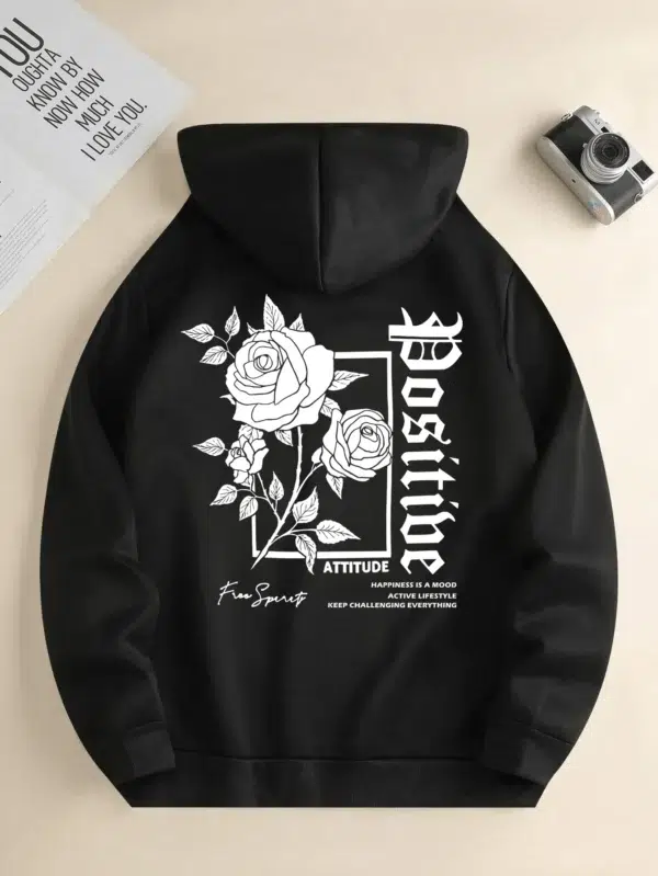 Men's new fashion hoodie, casual daily drawstring hooded sweatshirt, Rose Print, front kangaroo pocket, men's jacket - Image 2