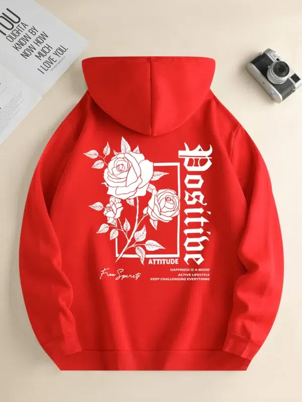 Men's new fashion hoodie, casual daily drawstring hooded sweatshirt, Rose Print, front kangaroo pocket, men's jacket - Image 6