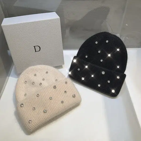 Luxury Rhinestone Beads Knitted Hat Korean Women Rabbit Fur Wool Skullies Cap Winter Fashion Thickened Warm Bonnet Beaanies - Image 4