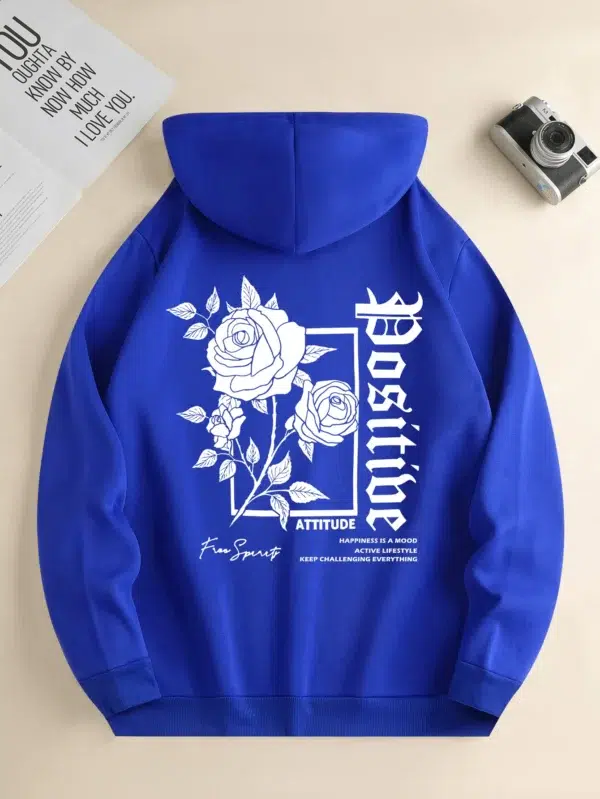 Men's new fashion hoodie, casual daily drawstring hooded sweatshirt, Rose Print, front kangaroo pocket, men's jacket - Image 5