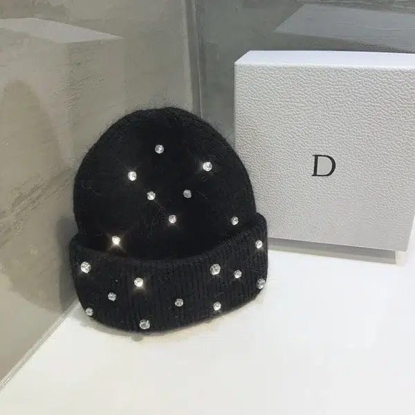 Luxury Rhinestone Beads Knitted Hat Korean Women Rabbit Fur Wool Skullies Cap Winter Fashion Thickened Warm Bonnet Beaanies - Image 6