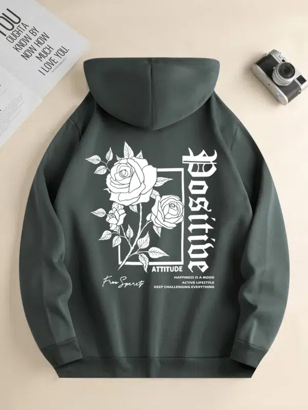 Men's new fashion hoodie, casual daily drawstring hooded sweatshirt, Rose Print, front kangaroo pocket, men's jacket - Image 3