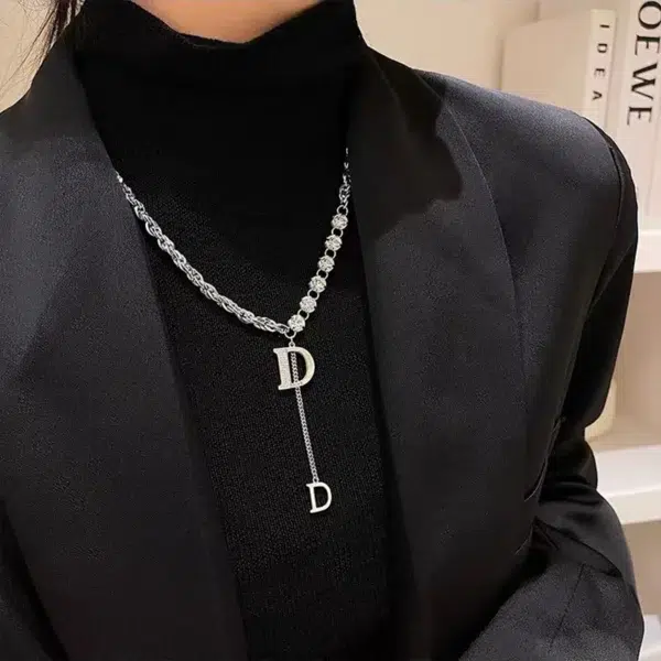 Design Sense Micro Setting Zircon D Letter Pendant Long Necklace Winter Sweater Chain Fashion Jewelry For Woman Girls Party Gift - Image 2