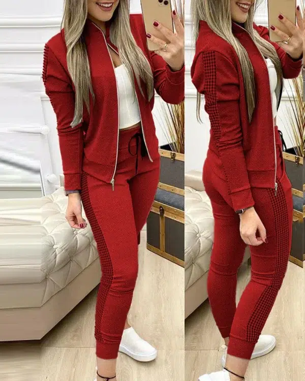 Spring Leisure Sports Zipper Tops Coat Pants 2 Two Pieces Sets For Women Striped Stitching Comfortable Activewear Sets - Image 2