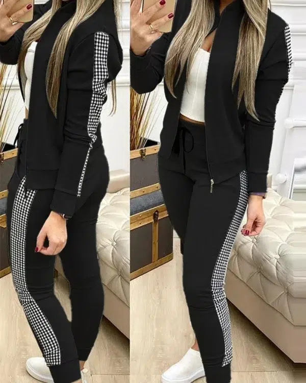 Spring Leisure Sports Zipper Tops Coat Pants 2 Two Pieces Sets For Women Striped Stitching Comfortable Activewear Sets - Image 3