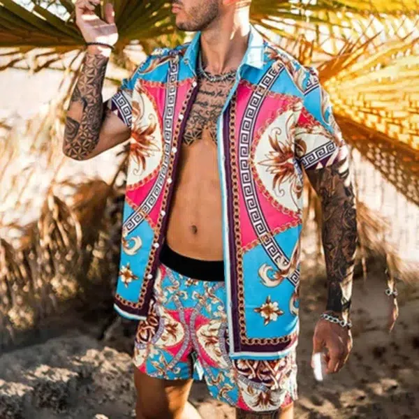 2024 Summer Men's Fashion Leopard Print Short Sleeve Shirt And Shorts Set Beach Style T Shirt Breathable Shorts Two Piece Set - Image 2