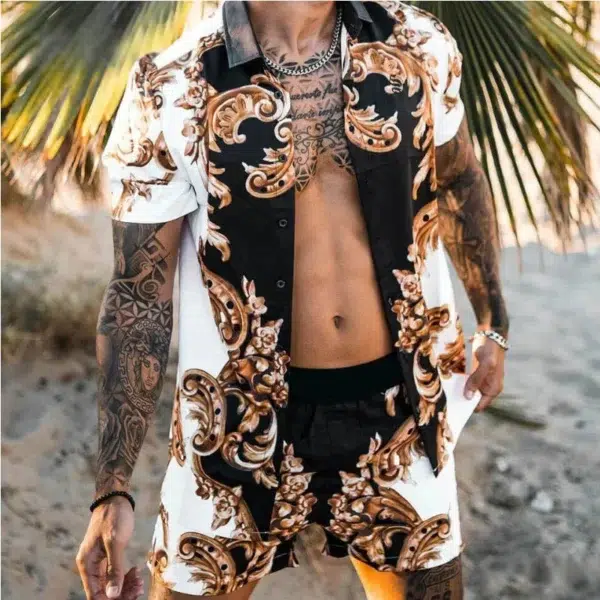 2024 Summer Men's Fashion Leopard Print Short Sleeve Shirt And Shorts Set Beach Style T Shirt Breathable Shorts Two Piece Set - Image 3