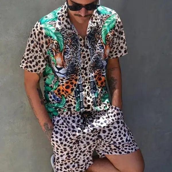 2024 Summer Men's Fashion Leopard Print Short Sleeve Shirt And Shorts Set Beach Style T Shirt Breathable Shorts Two Piece Set